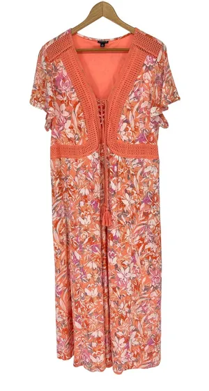 Torrid Women's Floral Print Crochet Trim Midi Dress‎ Size 2X Boho Beach Flowy thumbnail 1