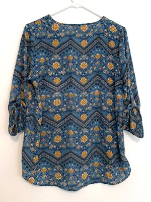 PINK ROSE Blue Mustard Navy Floral Chevron 3/4 Sleeve Roll Tab Sleeve Blouse Top thumbnail 10