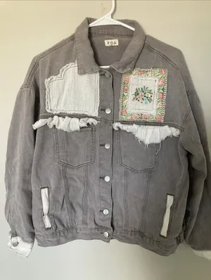 POL Womens Jacket Patchwork Denim Boho Chic M Floral Frayed Trim Gray thumbnail 1