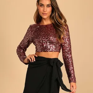 Lulus Prize-Winner Sequin Long Sleeve Crop Top Women's‎ Medium Burgundy Holiday thumbnail 2