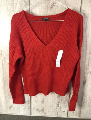 Wild Fable Red Ribbed V-Neck Sweater Long Sleeve Knit Top Large NEW thumbnail 1