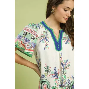 Umgee Paisley Flutter Sleeve Mini Dress - Green/Blue - Small thumbnail 4