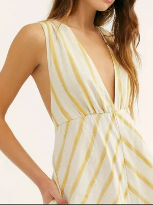 Free People Veronica Wide Leg Jumpsuit Women Yellow Striped Boho Size 8 thumbnail 9