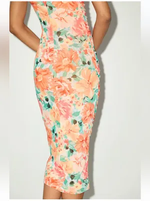 NWT * LULU’S Date Night Beauty Orange Floral Print Mesh Ruched Midi Dress Sm thumbnail 4
