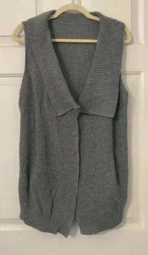 Womens‎ Grey Asymmetrical Sleeveless Open Tunic Sweater Cardigan Pockets thumbnail 1