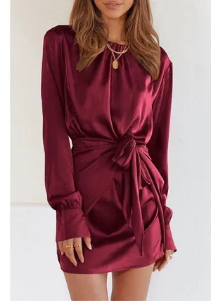 New Satin Dress Tie Waist Elegant Cocktail Mini Red 16 XL thumbnail 3