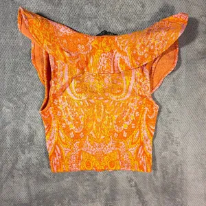 Zara Small Orange Pink Paisley Knit Crop Top Deep V Neck Cap Sleeve Ruffle Neck thumbnail 7