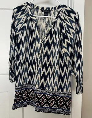 Lucky Brand Printed Blouse in Navy and White thumbnail 1