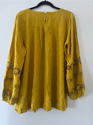 Loft Mustard Yellow Babydoll Peasant Blouse 14 Cottagecore Eyelet Embroidered thumbnail 5