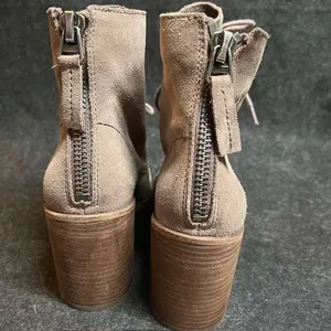 Dolce Vita Lace Up Heeled Ankle Boots Women's‎ Taupe Suede Leather Stacked Heel thumbnail 4
