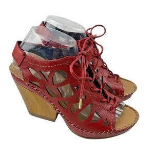 *Lobo Solo Red Leather Sandals Womens Size US Size 9 Lace Up Boho Laser Cut Out thumbnail 1
