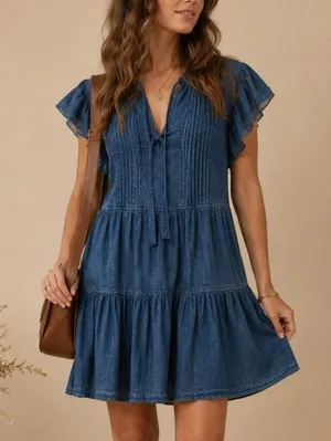 La Vie Rebecca Taylor Tiered Denim Dress Size XS Blue Boho Cottage Western thumbnail 1