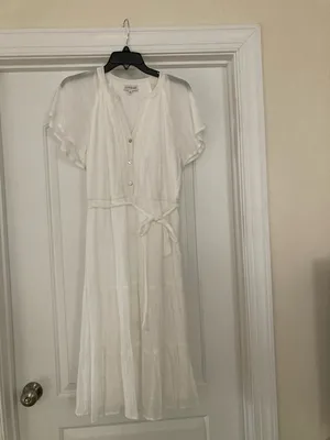 Luxology White Button-Front Midi Dress with Flutter Sleeves thumbnail 5