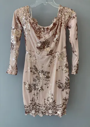HMS Long Sleeve Sequin Mini Dress Tan thumbnail 1