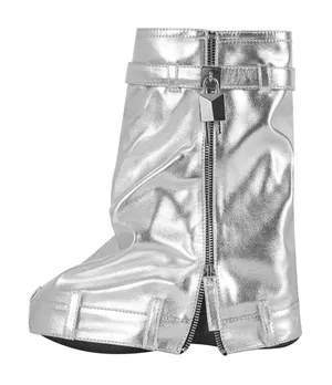 Women's Silver Metallic Leather Zip Fold Over Padlock Platform Mid Calf Boots 10 thumbnail 1