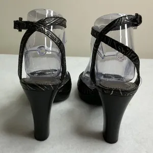 Franco Sarto Womens 6M Black Silver Metallic Embossed Ankle Strap Peep Toe Heels thumbnail 6