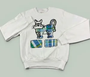 Vintage Fruit of the Loom Plaid Cat Sweatshirt S White Crewneck Applique USA 90s thumbnail 1