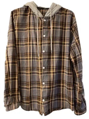 Women’s Plaid Hooded Button-Up Shirt Jacket in Gray and Brown thumbnail 1
