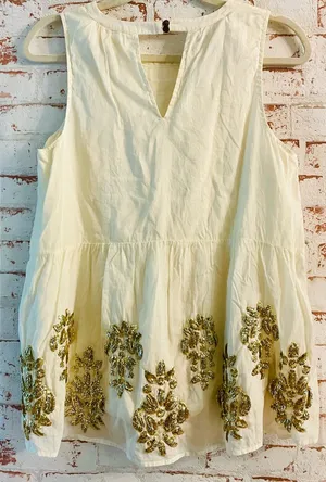 Anthropologie Cream and Gold Embellished Blouse thumbnail 1