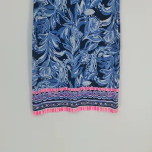 Lilly Pulitzer Blue Floral A-Line Dress XS Pink Border Ruffle Sleeve Rayon Spand thumbnail 4