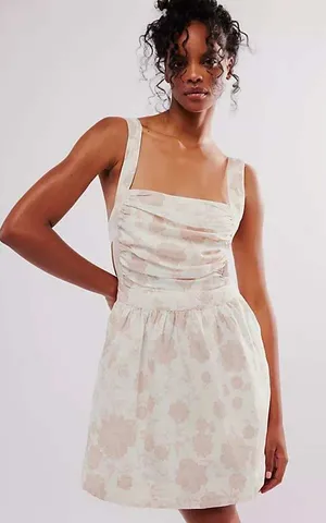 Free People Meet Me in Maui Floral Ruched Mini Dress Ivory Pink Open Back Jumper thumbnail 1