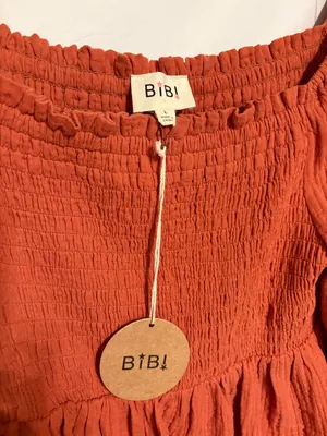 BiBi Rust Smocked Off-Shoulder Gauzy Cotton Peasant Blouse Coquette SZ L NWT thumbnail 2