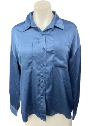 Vici Women's Blue Silk Satin Button Down Collar Long Sleeve Shirt Blouse Top S thumbnail 1