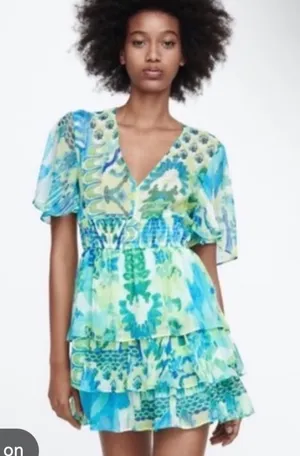 Zara Blue-Green Floral V-Neck Mini Dress thumbnail 1