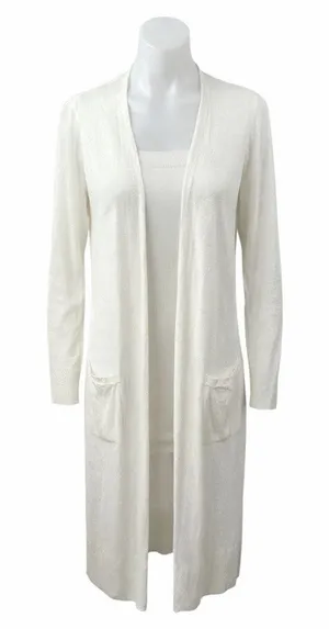 Rachel Zoe Womens White Linen Long Sleeve Longline Duster Cardigan Sweater Top M thumbnail 1