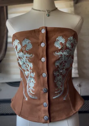 Lucky and Blessed Camel Suede Floral Embroidered Western Corset Top (Size S-XL) thumbnail 1