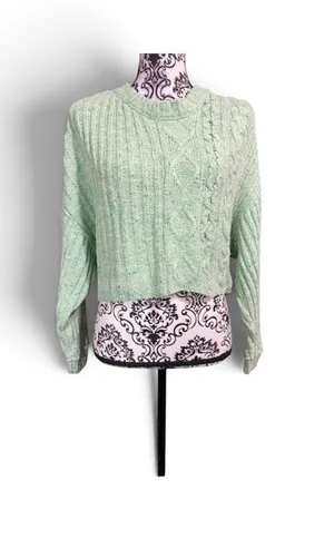Free People On Your Side Mint Green Cable Knit Pullover Cropped Sweater Sz-Small thumbnail 1