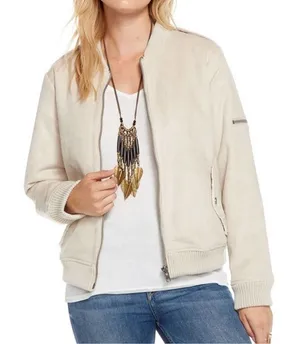 NWOT Chaser Faux Suede Faux Fur Lined Bomber Jacket Cream Size XS thumbnail 1