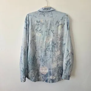 Blue Floral Blouse Top Linen Feel Pastel Lightweight Cottagecore Grandmacore L thumbnail 4