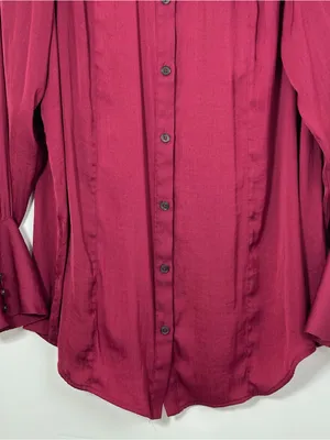 Free People Burgundy Button Front Blouse Women’s Large Puff Sleeve Cuff Top thumbnail 3