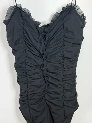 American Threads Black Ruffle Mesh Ruched Bodysuit thumbnail 1