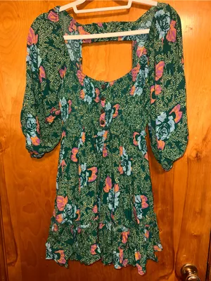 Free People Women's Green Floral Scoop-Neck Mini Dress with smocked bodice sz xs thumbnail 2