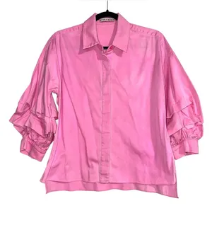 Alice + Olivia Edyth Drapey Sleeve Button Down Pink Collared Top MEDIUM thumbnail 1