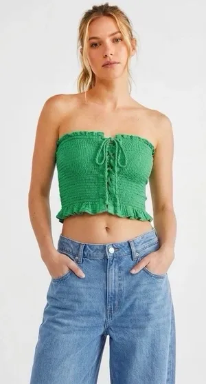 American Eagle Strapless Tube Ribbed Top Crop XS Green thumbnail 1