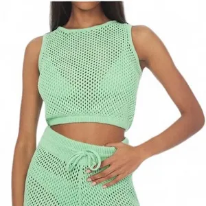 Weworewhat Green Cotton Crochet Open Knit Crop Tank Top Festival Beach Large thumbnail 1