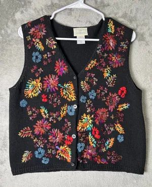 Vintage Floral Embroidered Vest Boho Cottagecore Grandmacore Whimsical PL Ramie‎ thumbnail 1