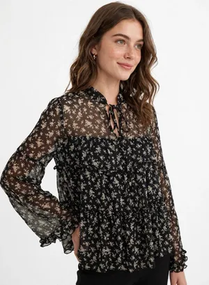 English Factory Blouse Small Black Gray Sheer Boho Long Sleeve Vintage thumbnail 1