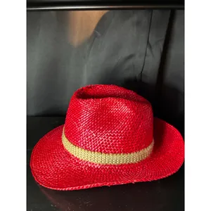 Red Straw Cowboy Hat‎ with Woven Band and Feather Accent Western Style Fedora thumbnail 8