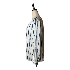 Rails Brielle Shirt Women Small White Blue‎ Wavy Stripe Linen Blend Tie Neck Top thumbnail 7