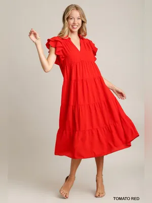 Umgee Tiered Flutter Sleeve Midi Dress Tomato Red Boho Cottagecore Casual S thumbnail 2