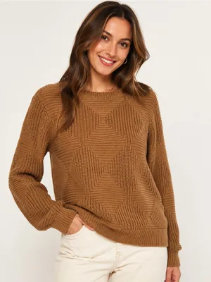 Eight Bells Camel Geometric Knit Sweater Women’s Medium Cotton Blend Boho Cozy thumbnail 1