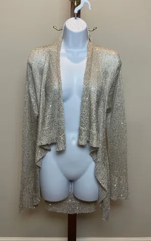 Boston Proper Open‑Knit Sequin Wrap Size M Beige Champagne Lightweight Layer thumbnail 1