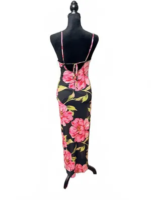 Persaya Black Floral Midi Dress with Pink and Yellow Flowers thumbnail 2