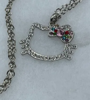 Vintage Hello Kitty outline rhinestone silvertone tone necklace thumbnail 1