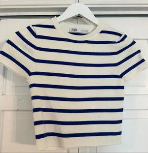 Zara white and blue striped cropped baby tshirt size M thumbnail 2