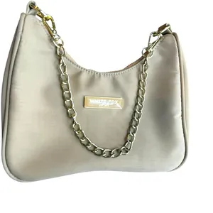White Fox‎ Boutique Chain Strap Nylon Shoulder Bag Tan Gold Trendy Going Out thumbnail 3
